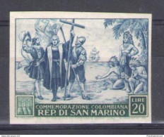 1951 San Marino, N. 379c C. Colombo Non Dentellato - MNH** - Varietà & Curiosità