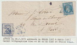 889p - Pli De MELUN (ZO) Pour PARIS (ZNO) - Février 1871 - Cachet Télégraphique Et PC Du GC 2306 (MELUN) Et étoile Bleue - Krieg 1870