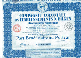 Compagnie COLONIALE Des ÉTABLISSEMENTS N. HAGEN (Nouvelles Hébrides); Part Bénéficiaire - Asia