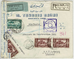 Syrien / Syrie 1942, Luftpostbrief Einschreiben Air Mail Damas Via Beyrouth - Taurus Nach Rüti (Schweiz), Zensur/Censor - Syrien