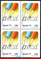 Ref. BR-1528-Q BRAZIL 1977 - PRIMARY EDUCATION,PEN, PENCIL, MI# 1620, BLOCK MNH, EDUCATION 4V Sc# 1528 - Blocks & Kleinbögen