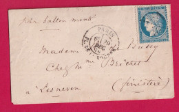BALLON MONTE ARMEE DE LA LOIRE PARIS 29 DEC 1870 POUR LESNEVEN FINISTERE LETTRE - War 1870
