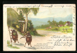 Lithographie Zwei Maikäfer Mit Rucksäcken Auf Wanderschaft Im Frühling - Pfingstgruss, Goldfarbe  - Insects