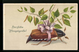 Lithographie Maikäfer Mit Rosa Schleife Und Birkenzweigen Um Den Leib - Pfingstgruss  - Insectos