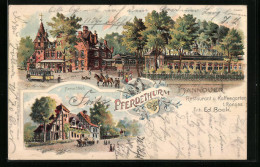 Lithographie Hannover, Gasthaus Pferdethurm - Ansicht Mit Strassenbahn Und Garten, Ansicht Anno 1868  - Hannover