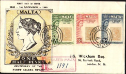 1960-Malta Raccomandata Fdc Illustrata Affrancata S.3v."Centenario Del Francobol - Malte