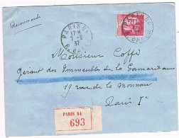 PARIS84 Rue Ballu - Lettre Recommandée Avec YT 289 Paix 1.75fr Seul Sur Lettre Du 7/6/1937  - 257 - 1932-39 Paix