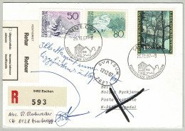 Liechtenstein 1987, Eingeschriebene Retournierte Postkarte Eschen - Espedal (Niederlande), Waldrand / Forêt / Forest - Storia Postale