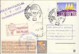 1977-San Marino Cartolina Illustrata Posta Trasportata Con Pallone Volo Rinviato - Luchtpost