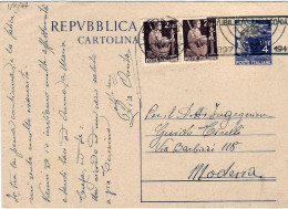 1947-cartolina Postale L.4 Democratica Con Affrancatura Aggiunta Coppia L.2 Demo - 1946-60: Marcophilie