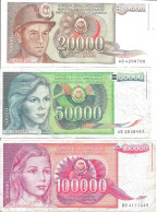 Lot De 3 Billets De Yougoslavie: 20000, 50000, 100000 Dinara - 1987, 1988 Et 1989 - Jugoslavia