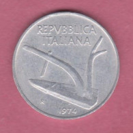 Italy,1974- 10 Lire- Aluminium . Obverse Plough, Lettering Above, Date Below. Reverse Two Ears Of Wheat - 10 Liras