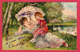 A482 FANTAISIES FEMME ENFANT FILLETTE OMBRELLE PAYSAGE CYGNES BELLE CARTE GAUFREE DOREE AMOUR MATERNEL PRECURSEUR - Gekleidete Tiere