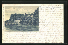 Lithographie Pyrmont, Schloss Mit Brücke  - Bad Pyrmont