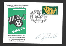 West Germany Soccer World Cup 1974 Illustrated Postal Card , Signed Uwe Seeler , Special Postmark  30 Pf Europa Franking - 1974 – Westdeutschland