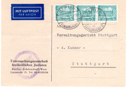 Berlin 1955, MeF 3x5 Pf. Auf Luftpost Karte V. Zehlendorf N. Stuttgart - Covers & Documents