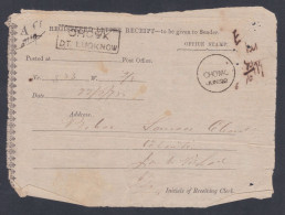 Inde British India 1874 Used Registered Letter Receipt, Chowk, Lucknow - 1858-79 Crown Colony