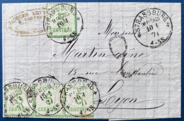 ALSACE LORRAINE Lettre N°4 Bde De 3 +1 Oblit CAD Allemand STRASSBURG IM ELSSAS 10 1 1871 Pour LYON + Taxe 2 TTB - Storia Postale