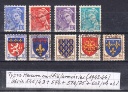 France Type Mercure Modifié + Armoiries (1942-44) Y/T Série 546/49  + 572 + 574/75 + 603/04 Oblitérés - 1938-42 Mercurius