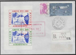 2 VIGNETTES COURRIER COMMERCIAL BASTIA 1989 RECOMMANDER POSTE AERIENNE VOL AFN 2806 LIBERTE PR STRASBOURG LETTRE COVER - Marche Da Bollo