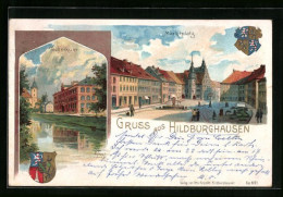 Lithographie Hildburghausen, Technikum, Marktplatz Mit Brunnen, Wappen  - Hildburghausen