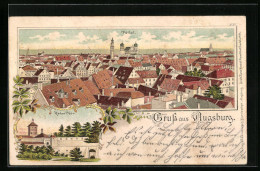 Lithographie Augsburg, Totalansicht Aus Der Vogelschau, Rotes Thor  - Augsburg