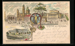 Lithographie München, Theatinerkirche Und Feldherrnhalle, Glaspalast, Hof- Und Nationaltheater  - Theatre