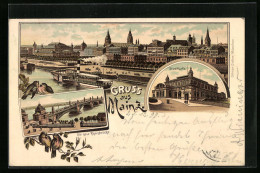 Lithographie Mainz, Teilansicht, Stadthalle, Rheinbrücke  - Mainz