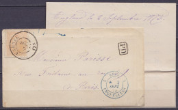 LAC De ANGLEUR Affr. N°33 Càd CHENEE /2 SEPT 1875 Pour PARIS - [PD] - Càd Bleu "BELG. 2 /ERQUELINNES" (au Dos: Càd Ambul - 1869-1883 Leopold II