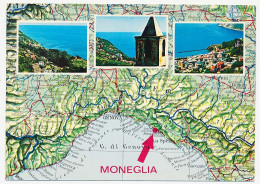 CPSM 10.5 X 15 Italie (472) MONEGLIA Vue Générale  Clocher  Port  Jetée  Carte Géographique Du Golfe De Gènes - Genova (Genua)