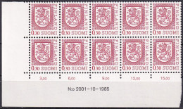 FINNLAND 1977 Mi-Nr. 807 II ** MNH Eckrand 10erBlock - Unused Stamps