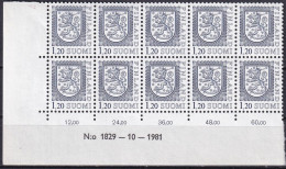 FINNLAND 1979 Mi-Nr. 835 I ** MNH Eckrand 10erBlock - Nuevos