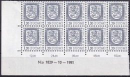 FINNLAND 1979 Mi-Nr. 835 I ** MNH Eckrand 10erBlock - Ungebraucht