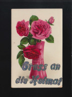 Rote Rosen In Vase, Gruss An Die Heimat Glitzer Schrift, Feldpost 21.8.1917 - Tegenlichtkaarten, Hold To Light