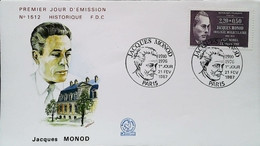 FRANCE - FDC - 1987 - JACQUES MONOD - (Prix Nobel De Medecine)  (Oblitération Paris) Enveloppe Premier Jour - Medicina