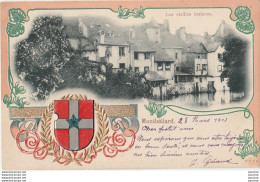 V15-25) MONTBELIARD  - LES VIEILLES MAISONS - CARTE GAUFREE - BLASON  - OBLITERATION DE 1903 - 2 SCANS - Montbéliard