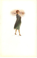 "Lady Walking With Shawl. Landscape" Very Old Vintage Italian, Artist Drawn, Postcard - 1900-1949
