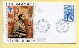 FDC N° 1696  – Hommage Au Général De Gaulle – 52 Colombey-les-Deux-Eglises 9/11/1971 (soie) - 1970-1979