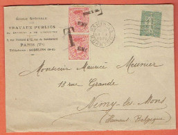 37P - Devant D'envel T Français N°130 Perforés ETP (B) Paris 25 - Taxée En Belgique Sur T Belge 138x2 - Griffe NIMY - Covers & Documents