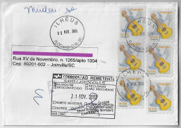 Brazil 2002 Returned Cover From Florianópolis Ilhéus Agency To São José 6 Stamp Musical String Instrument Cavaquinho - Briefe U. Dokumente