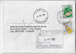 Brazil 2002 Returned Cover From Florianópolis Ilhéus Agency 2 Stamp Musical Instrument Cavaquinho + Coconut Fruit - Covers & Documents