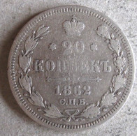 Russie, 20 Kopeks 1862. Alexander II. En Argent , Y# 22.2 - Russie