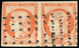 Obl. 5e - Paire Du 40c. Orange, Dont Un Timbre Avec ''4'' Retouché. Obl. Rouleau De Points. Coin Supérieur Gauche Effleu - 1849-1850 Cérès