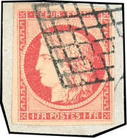 Obl. 7 - 1F. Vermillon. Faux. Obl. Grille S/petit Fragment. Belle Présentation. - 1849-1850 Cérès