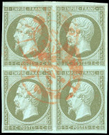 Obl. 11 - 1c. Olive. Bloc De 4. Obl. Cachet Rouge Des Imprimés De Paris. SUP. - 1853-1860 Napoleon III