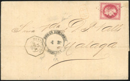 Obl. 32 - 80c. Rose Obl. Ancre S/lettre Frappée Du CàD De MONTEVIDEO Du 15 Février 1869 à Destination De MALAGA. Cachet  - 1863-1870 Napoléon III Lauré