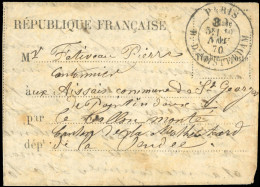 Obl. LE DAGUERRE. Formule Imprimée ''REPUBLIQUE FRANCAISE'' Frappée Du CàD Taxe à 30c. De PARIS - R. D'AMSTERDAM Du 10 N - Guerre De 1870