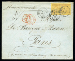 Obl. 92 - CONSTANTINOPLE. Paire Du 25c. Sage Obl. S/lettre Recommandée Frappée Du CàD De CONSTANTINOPLE - GALATA Du 2 Ao - 1849-1876: Période Classique