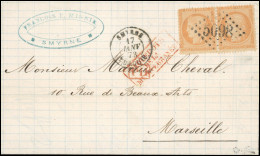 Obl. 38 - SMYRNE. Paire Horizontale Du 40c. Siège, ''4'' Retouché Tenant à Normal, Obl. GC 5098 S/lettre Frappée Du CàD  - 1849-1876: Période Classique