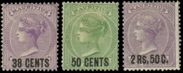 * SG#89 / 91 - 38c. On 9d. Pale Violet + 50c. On 1s. Green + 2r.50 On 5s. Bright Mauve. VF. - Maurice (...-1967)